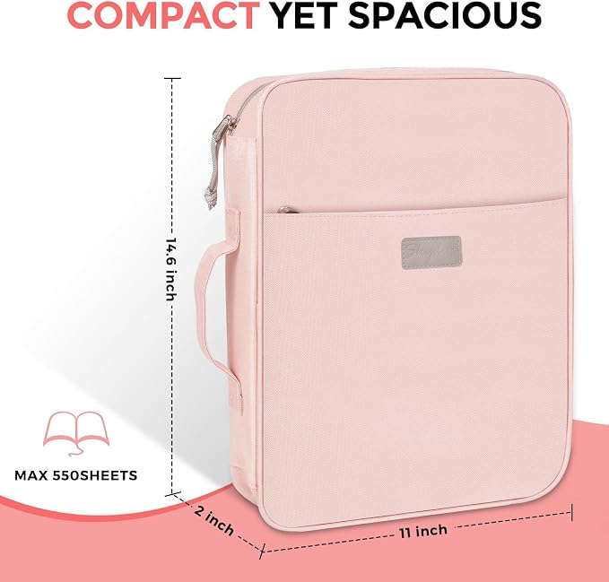 SKYDUE Zipper Binder with Handle, 1.5 Inch 3 Ring, Pink | 550-Sheet Capacity, 5-Tab Dividers Expanding File Folder with Pockets, Cute Organizer Storage for School Supplies