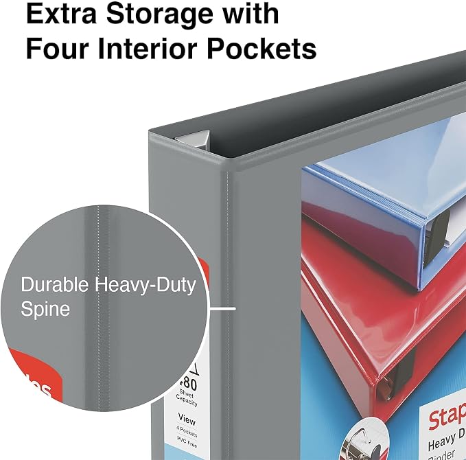 Staples Heavy-Duty 2-Inch D-Ring View Binder, Gray, 450 Sheets | Reinforced spine for durable everyday use in office and school settings.