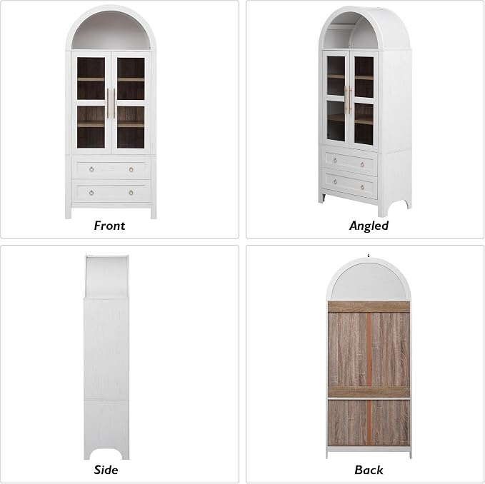 71" Arched Storage Cabinets with Glass Doors, Farmhouse Kitchen Pantry Cabinet with 2 Large Drawers, Tall Bookcase with Adjustable Shelves, Curio Cabinet, Display Cabinet(White)