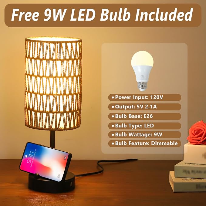 Touch Table Lamp Set of 2 For Bedroom with Bulb, Boho Small Desk Lamp For Living Room With Rattan & Linen Shade, 3 Way Dimmable Bedside Table Lamp For Nightstand With USB Charging Port & Phone Stand