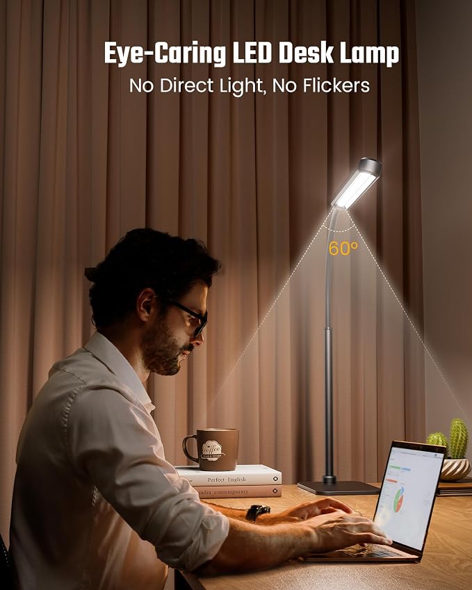 SUPERDANNY Eye-Caring LED Desk Lamp Work Lamp Office Lamp with Base | Black, Touch Control, 360° Flexible Gooseneck, 3 Modes Smooth Dimming, Memory Function, Adapter, Metal, for Home Office Dorm