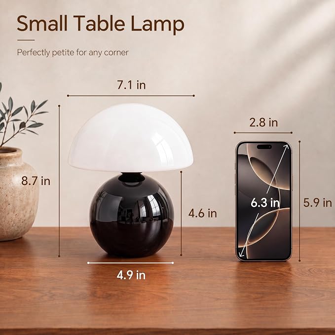 Mushroom Lamp Table Lamp for Bedroom-Small Desk Table Lamps,Black | 8.7" Mid Century Modern Table Lamps for Living Room Bedroom Decor,Cute Ceramic Lamps for Mushroom Home Room Decor,Glass Shade