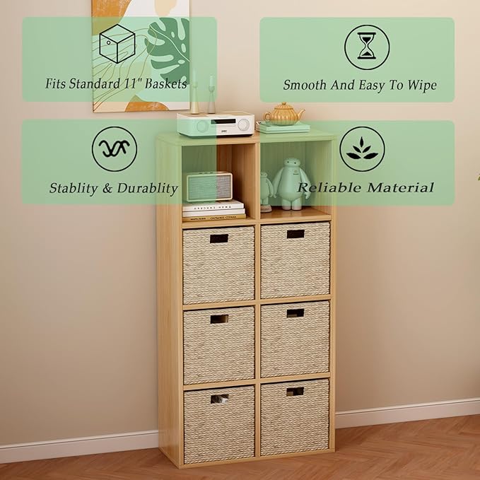 8-Cube Storage Shelf Bookcase, Oak | Wooden 4-Tier Open Bookshelf, Fits 11×11" Bins, Vertical or Horizontal Use, Full Back Panels, For Home Office