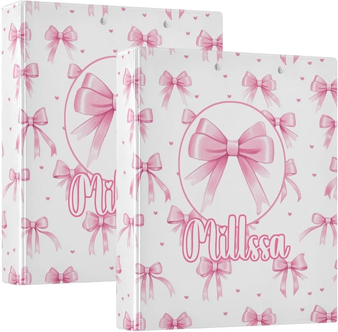 Pink Bows 3 3 Ring Binder with Clipboard Round Ring Binders Personalized Binder 3 Interior Clear Pockets for Office Supplies 2 Pack