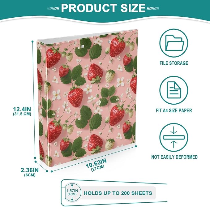 Flower Strawberry 1.5 Inch 3 Round Ring Binders with Pocket Clip, Holds 200 Sheets Documents for Office Classroom Student Organization Hard d Ring Binders with Printed