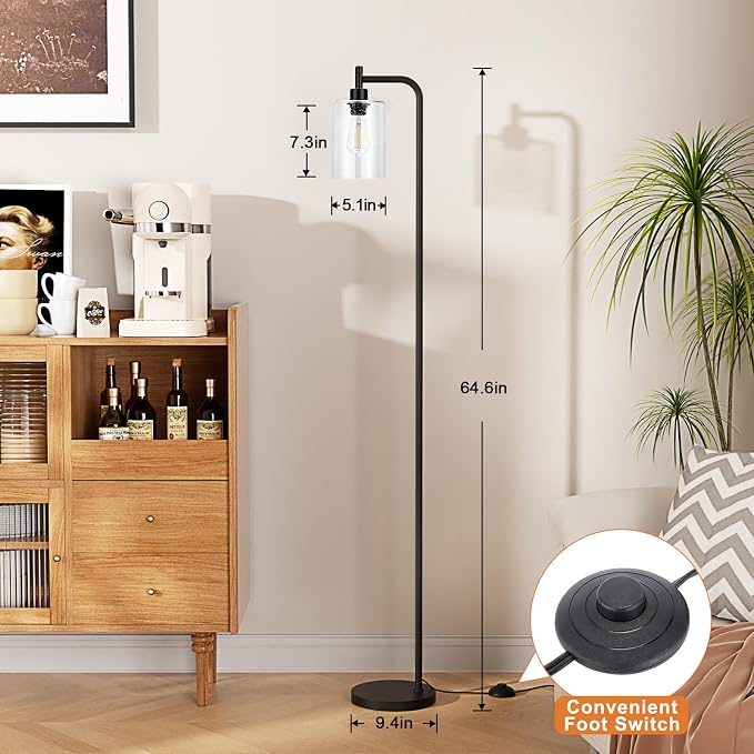 Ziisee Floor Lamps for Living Room - Standing Lamp with Seeded Glass Shade, Modern Floor Lamp with LED Bulbs, Industrial Floor Lamp for Bedroom, Black Tall Lamp for Office(Light Bulb Included)
