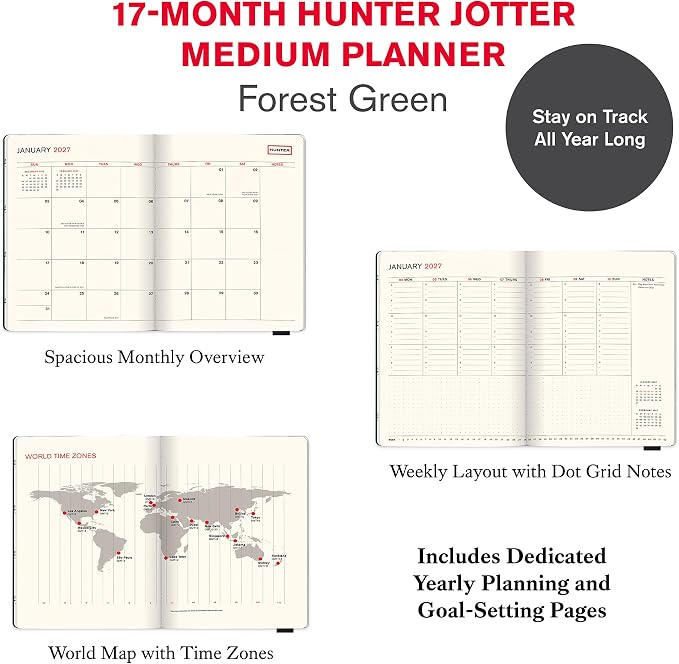 Orange Circle Studio 2027 Forest Green Hunter Jotter Medium Planner, 17-Month Weekly & Monthly Calendar Planner, 6.5" x 8.6", Dot Grid Notes, Time Zone Map, Goal Pages, Work Daily Planner Notebook