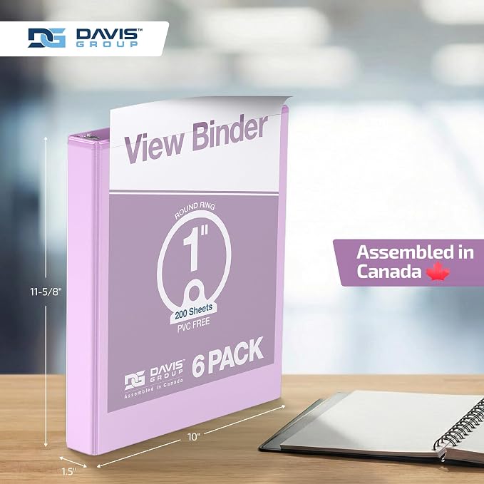 Pack of 6 Premium View Binders, Ring Binders with Clear-View Cover and Interior Pockets, Pastel Color Options, 1 Inch, Lavender
