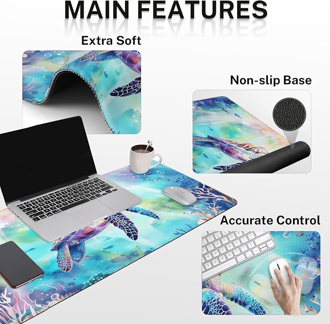 Keyboard Mouse Pad Set, 4 in 1 Desk Mat Set, Sea Turtle Cute | Ocean Large Mousepad+Keyboard Wrist Rest+Mouse Wrist Rest+Coaster Ergonomic Design for Home Office Computer