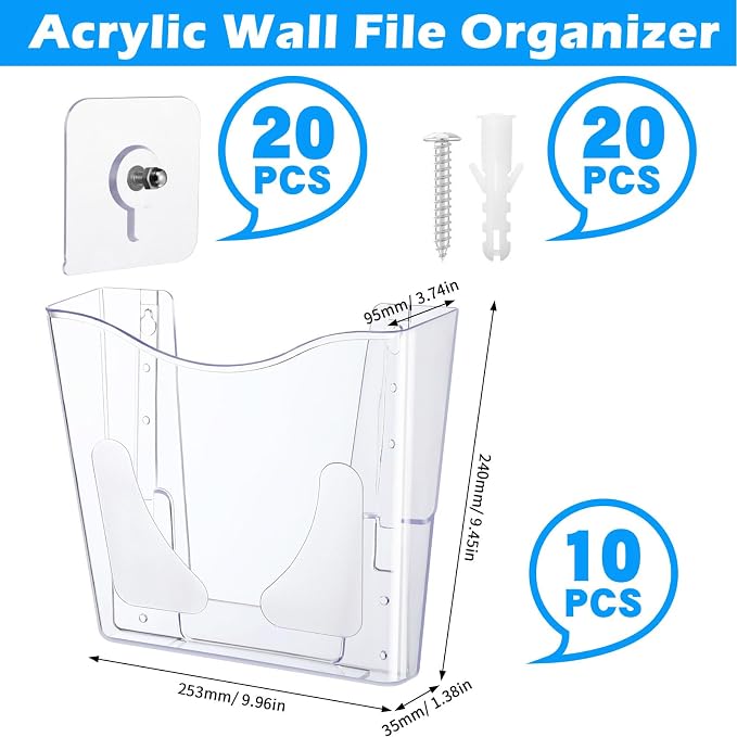 RattanView 10 Pack Acrylic Wall Pocket File Holders Single Pocket Wall Mount File Organizer Hanging Mail Magazines Organizers for Office Home Classroom(Transparent)