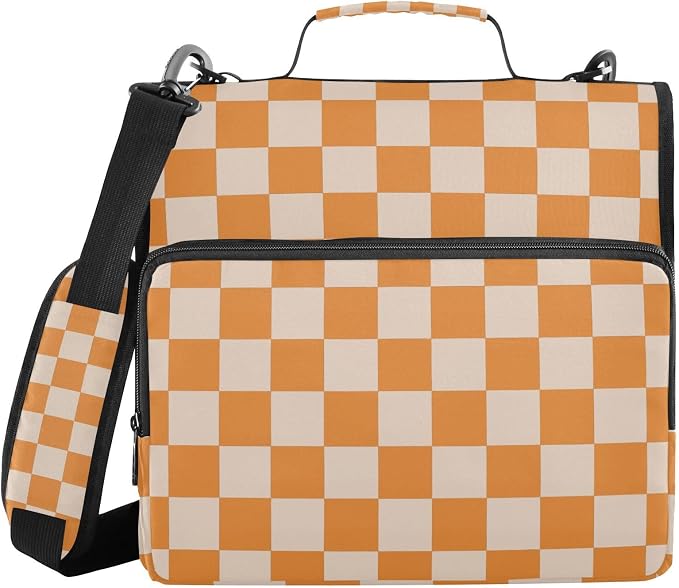 3 Ring Zipper Binder with Shoulder Strap Orange Checkerboard 1.5 inch Binders Keeper Large Capacity Multi Pockets for School Office Supplies