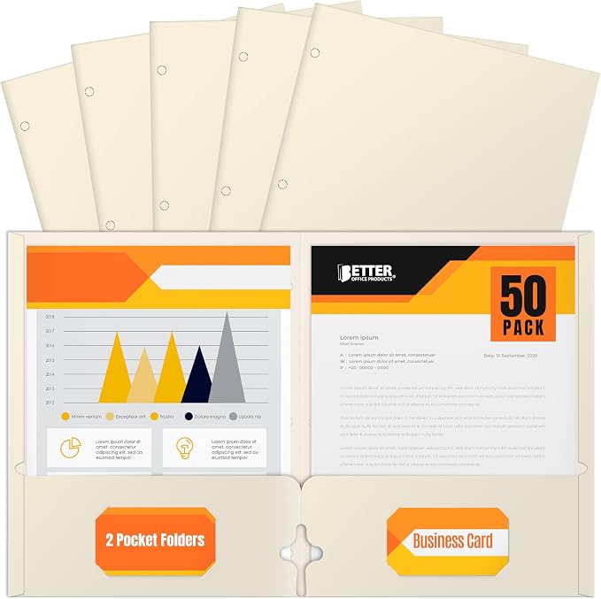 Better Office Products Two Pocket Portfolio Folders, 50-Pack, White, Letter Size Paper Folders, 50 Pieces, White