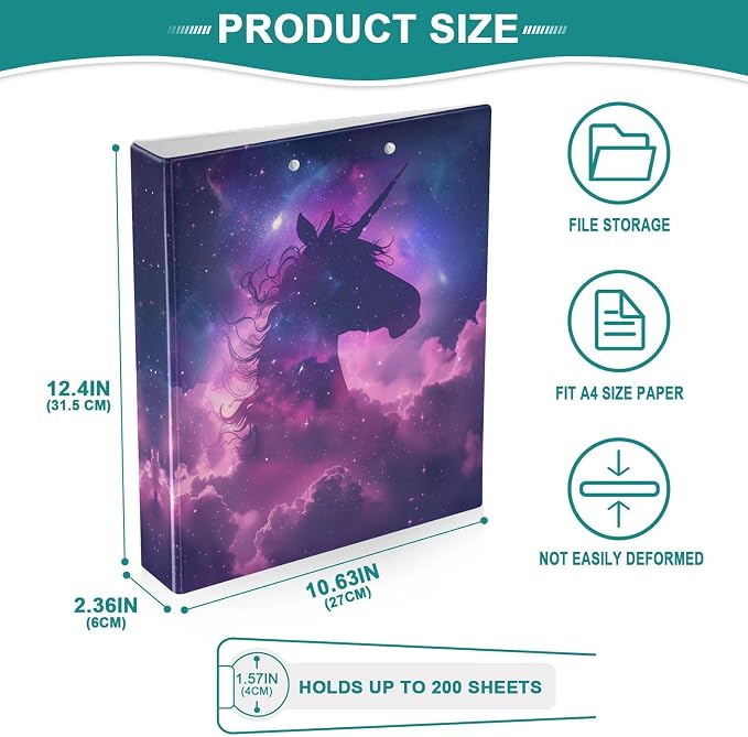 Unicorn Starry Sky Hard Cover Ring Binder 1.5 Inch 3 Ring, Printed Ring Binder with Metal Non-Slip Clip Clear Pocket Water Resistant Round Ring Binders for Recipe Budget Office