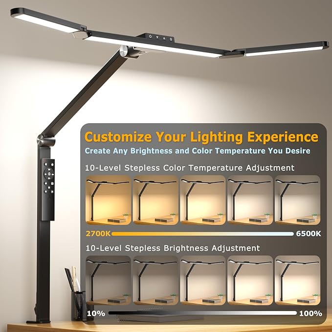 Airlonv LED Desk Lamp with Clamp, Architect Desk Lamp for Home Office with Remote, 24W Ultra-Bright Desk Light with Stepless Dimming and Stepless Color Temp, Memory Function for Study and Workbench