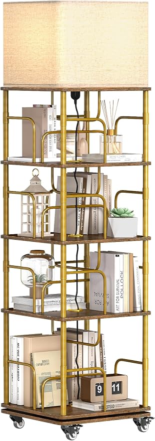 4 Tier Rotating Bookshelf Tower, 360° Spinning Book Shelf with Lights&Wheels,Square Revolving Bookcase Organizer,Narrow Swivel Bookshelves Turning Corner Bookshelf for Small Space,Gold