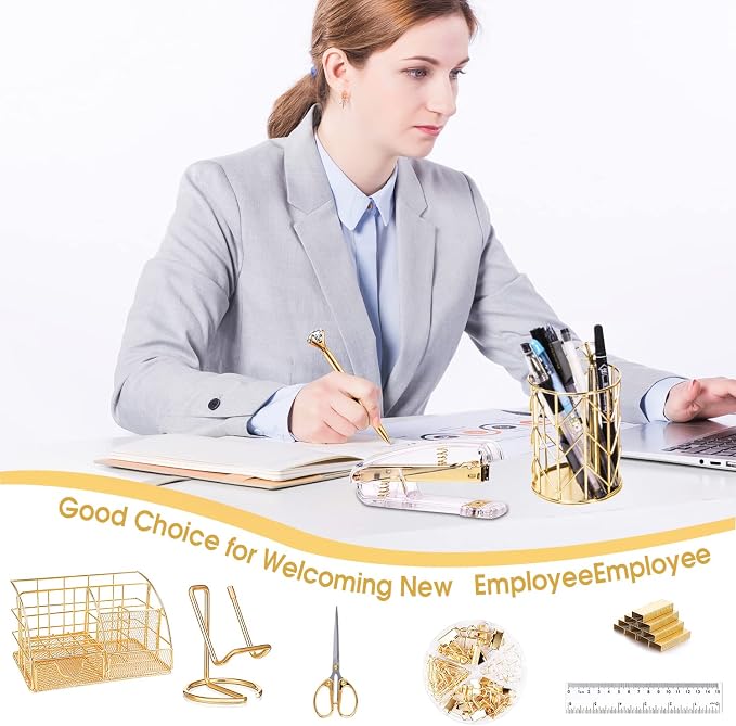 KAAKOW Gold Desk Organizers and Accessories Office Supplies Set Stapler, Pen Holder, Phone Holder, Scissors, Pen, Ruler, 30 Paper Clips, 22 Binder Clip, 20 Tacks and 1000pcs Staples (Gold)