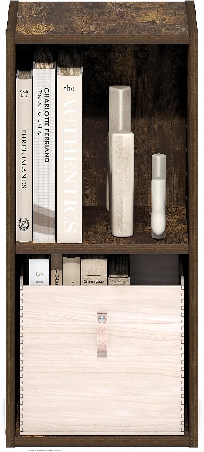 Furinno Fulda Book Shelf, 2-Tier Narrow Bookshelf, Bookcase with 10-in Width Storage Shelf, 9.3 x 9.8 x 21.2, for Living Room, Bedroom, Home Office, Amber Pine