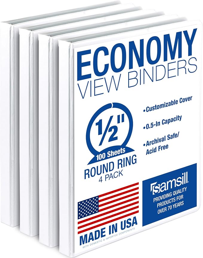 Samsill 0.5 Inch 3 Ring Binder, Economy Round Ring, Clear View Cover, 100 Sheet Capacity - for School, Home, Office - White, 4 Pack