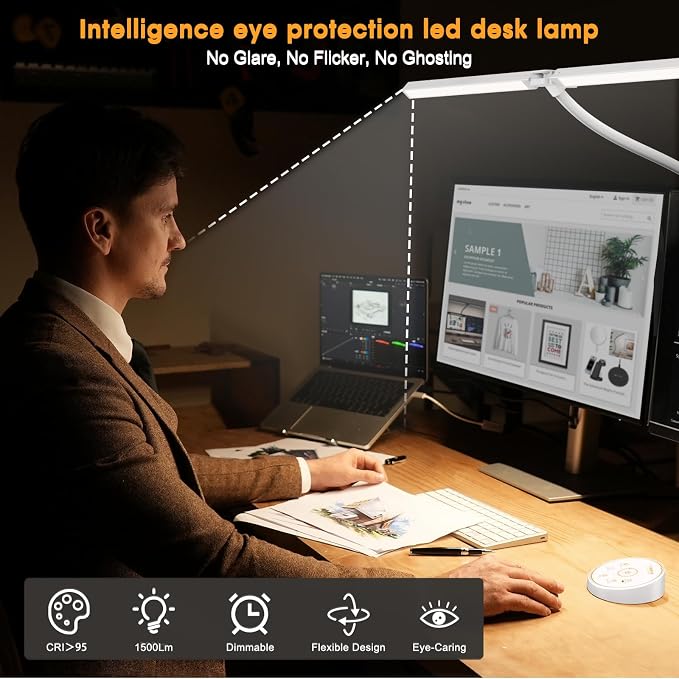 Led Desk Lamp for Office Home - Eye Caring Architect lamp with Clamp,Dual Screen Computer Monitor Work Smart Light: 24W 5 Color Flexible Adjustable Lighting Table Lamp for Study White