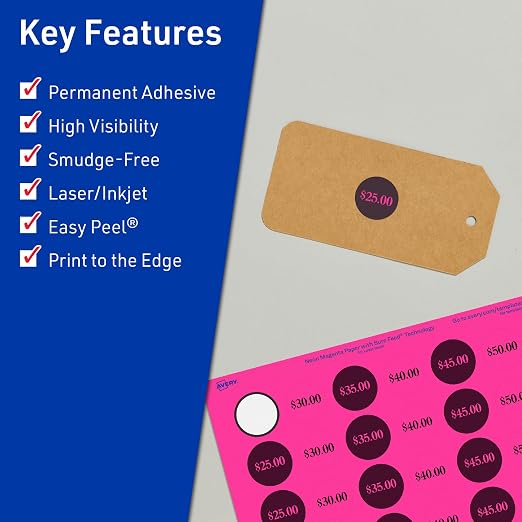 Avery Printable Round Labels, Sure Feed Technology, 3/4" Diameter, Neon Magenta Labels, Print-to-The-Edge, Laser/Inkjet, 3,200 Total, Great for Price Stickers and Mailing Seals