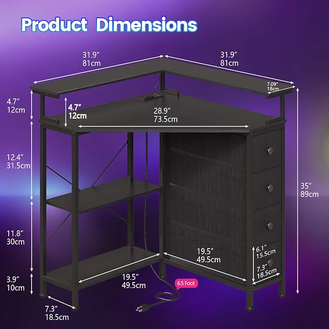VENNQD Corner Desk with Drawers Shelves for Small Space 90 Degrees Triangle Computer Desk with Power Outlets,Gaming Desk with LED Lights Monitor Stand for Home Office Workstation Writing Table (Black)