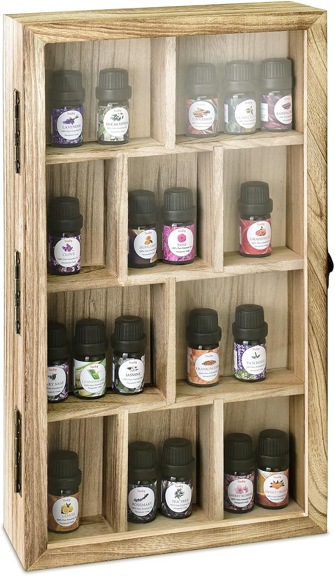 Ikee Design Wall-Mounted Wooden Display Case with Glass Top, 10 Slots | 10-SLOT DISPLAY CASE: Oak wood wall cabinet with hinged tempered glass top for mini figures, collectibles and oils.