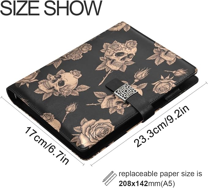 DIGTIA Skull Rose Floral Halloween PU Leather Notebook A5 Binder 6 Ring Refillable Journal with Magnetic Buckle Closure Loose Leaf Travel Office Planner Budget Binder Notepad Portfolio