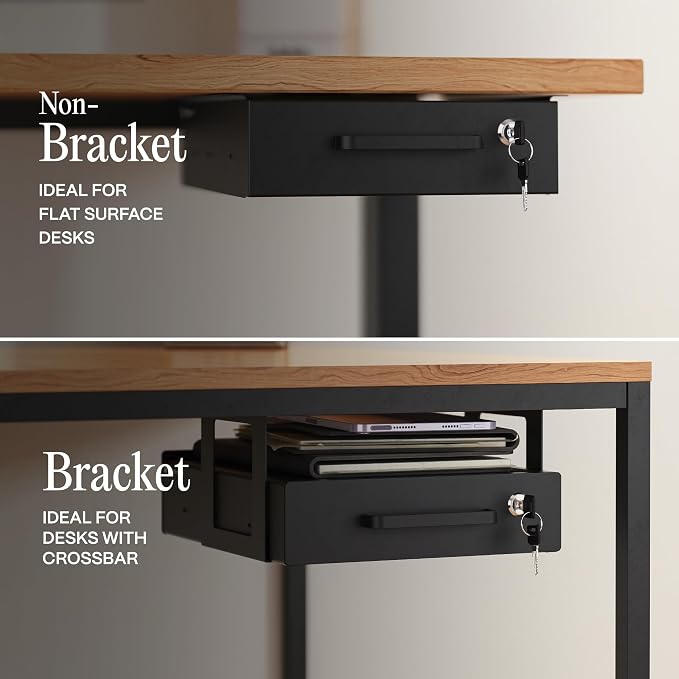 Under Desk Drawer Slide-Out – Lockable Metal Storage Drawer with Cable Management for Office & Home (Single, Non-Bracketed)