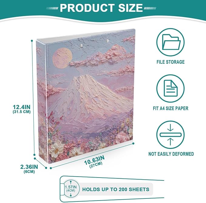 Flower Blossom Hill Pastel Pink Binder 3 Ring 1.5 Inch Binder with Clipboard&Pockets, Hardcover Binders Heavy Duty Large File Folder for Office School Supplies - Holds 200 Sheets