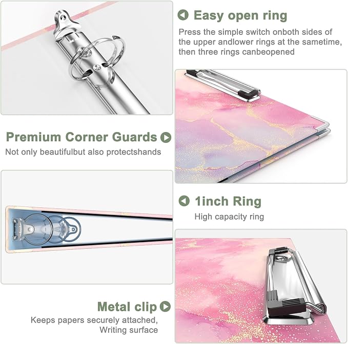 Rouidr 3 Ring Binder with clipboard, 1 inch 8.5 x 11 in Letter Size View Binders Organizer with Dividers Tabs & Clear Sleeves, School Supplies, Office Supplies