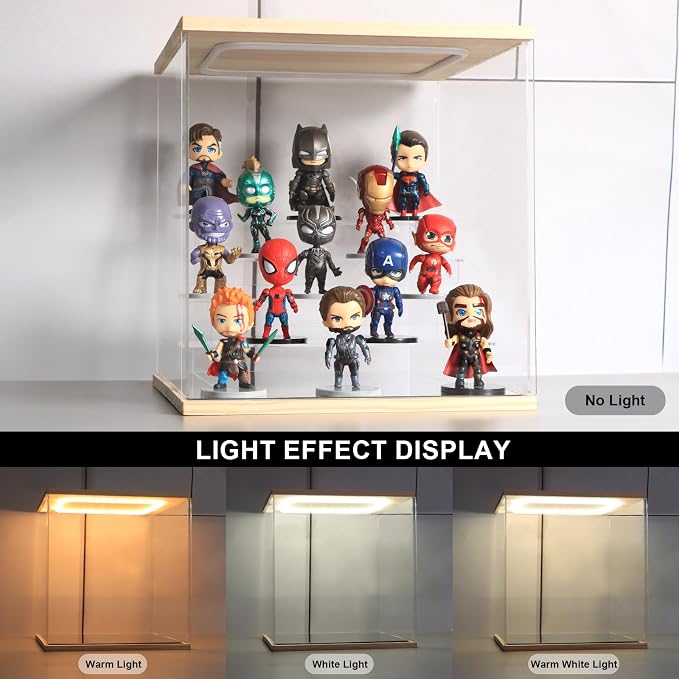 Clear Acrylic Display Case with Light 5 Tier Display Storage Box Assembly Dustproof Showcase for Collectibles Action Figures(Wood, 12.0*10.8*12.5inch)