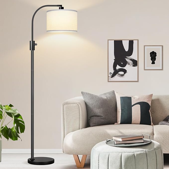 Nintiue Upgraded Modern Arc Dimmable Tall Standing Floor Lamp with White Shade, 1200 Lumens LED Bulb Included, for Living & Reading Room, Bedroom, Office & Nursery, Black