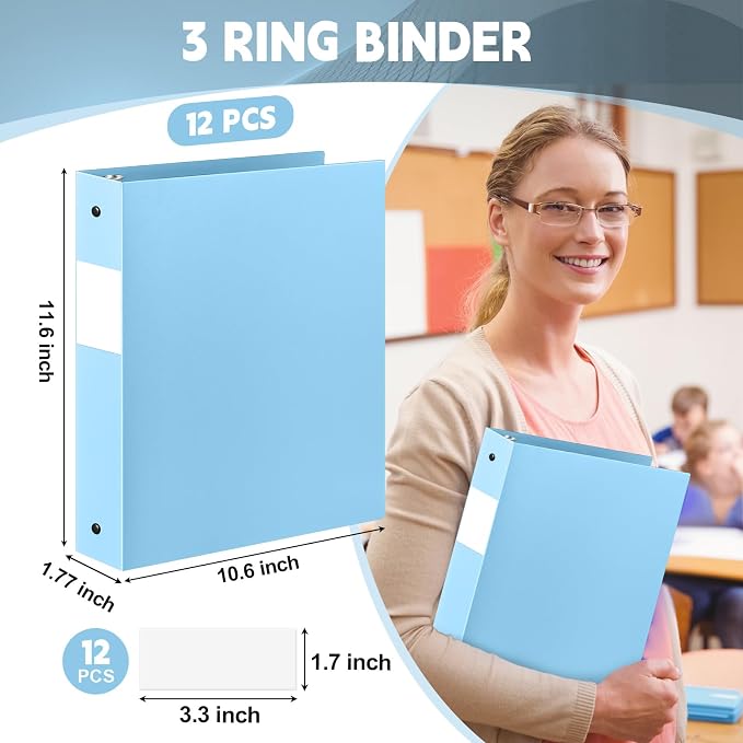 Henoyso 12 Pcs 1.5 Inch 3 Ring Binders, Letter Size,Light Blue | Binders Bulk, Holds 350 Sheets, Round Rings, Durable Flexible PP Plastic Covers, Pockets Labels, School Office Supplies