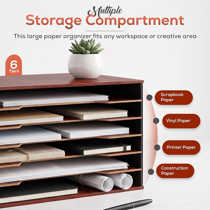 12x18 Construction Paper Organizer, 6-Tier Wooden Flat File for 11x17 & A3 Sheets | Large Durable wood composite organizer Paper Storage for Classroom, Office & Art Room