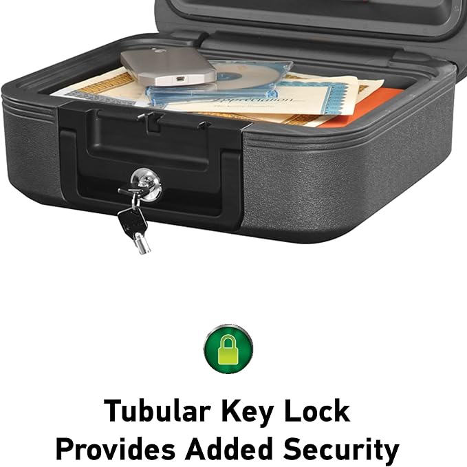 SentrySafe Dark Gray Fireproof and Waterproof Safe with Key Lock, Chest Lock Box with Carrying Handle for Travel, 0.28 Cubic Feet, 6.6 x 15.4 x 14.3 Inches, CFW20201 | Portable Fire Water Resistant Chest Safe With Key Lock Security, Carrying Handle, Id...