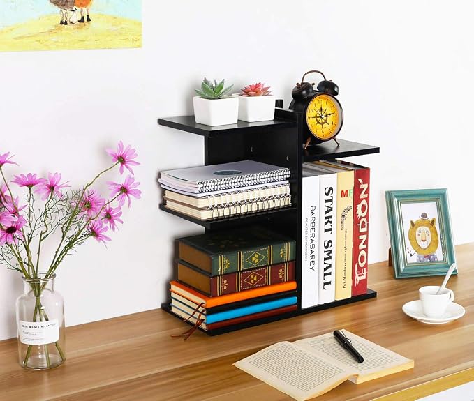 Wood Desktop Shelf Small Bookshelf Desk Supplies Organizers and Accessories Storage Display Rack Office Decor for Women, Black