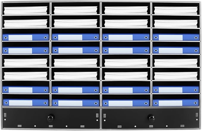 Fifizoo Literature Organizer with 32 Compartments | Adjustable Desktop File Sorter Mail Center for Home, Office & Classroom | PVC Paper Storage Cabinet with 2 Drawers and Shelves, Black