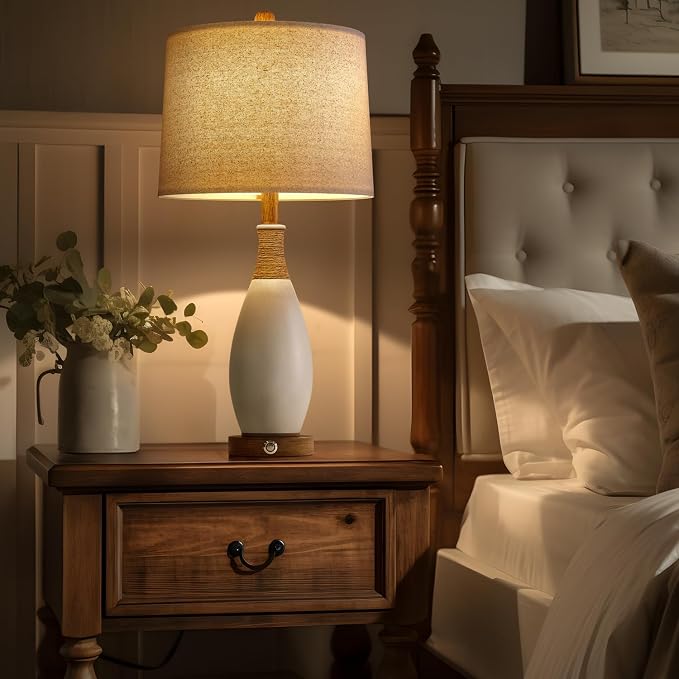 24.5” 3-Way Dimmable Touch Control Bedside Table Lamp Set of 2 with USB and Type-C Charging Ports Modern Farmhouse Nightstand Lamp for Bedroom Living Room (Bulb Included)