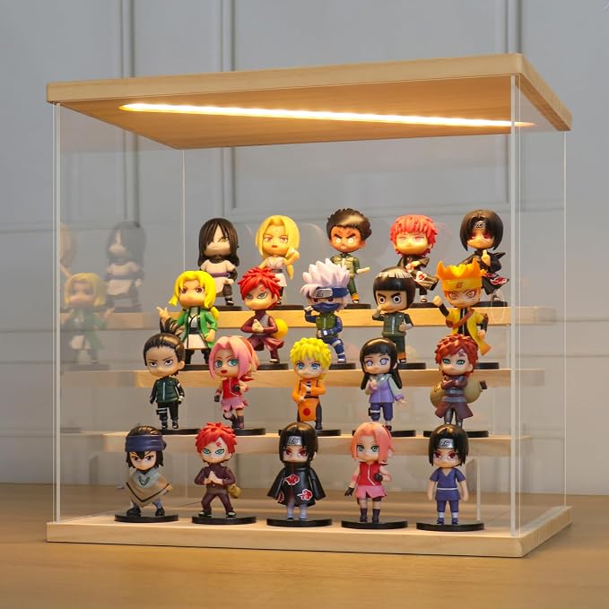 LANSCOERY Acrylic Display Case for Collectibles, 4-Tier LED Light, Wood | 3mm clear acrylic panels with front door access and tri-color top light for small figures on a desk or shelf.