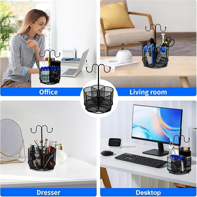 Pen Holder for Desk,360 Degree Rotating Pencil Holder Organizer | 5 Compartments,Large Capacity Pencil Holder for Desk,Metal Rust Prevention,Pen Organizers for Home(Black, With hook)