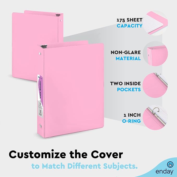 Enday 1 inch Binder 3 Ring Binder (6 Pack - Assorted Colors) O-Ring Binder with Clear View Cover and 2 Inside Pocket - for Letter Size 8.5 x 11'' Paper, Ideal for School Supplies, Office, and Home
