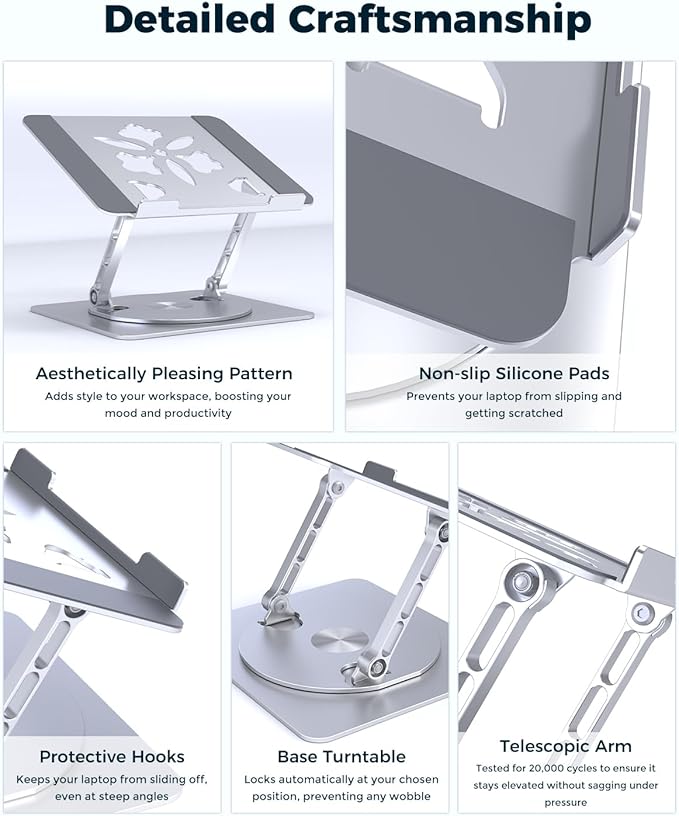 Aoviho 360° Rotating Laptop Stand for Desk | Adjustable, Foldable, Portable Aluminum Ergonomic Riser | Compatible with MacBook, Dell, HP & All Laptops 10-16 inch | Silver