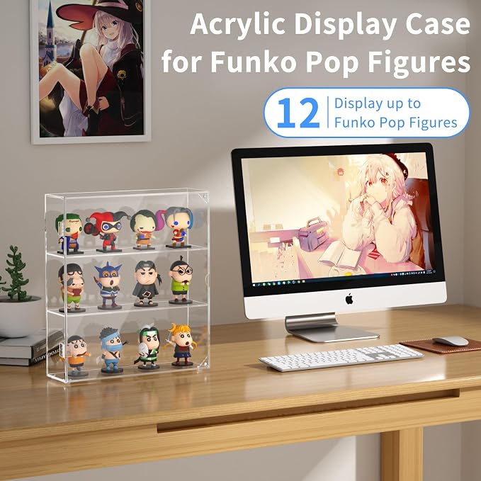 AITEE 3 Tiers Acrylic Display Case for Mini Funko Pop on Wall or Desktop | 11.8"Lx3.4"Wx13.3"H, dustproof, 3 tiers, wall mounted or desktop, showcases mini figures toys stones rocks Amiibo