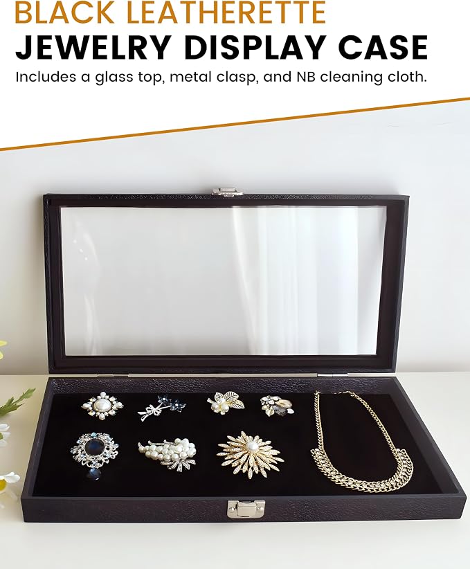Novel Box Jewelry Organizer Box Black Leatherette 6X3.75X2 Small Size Glass Jewelry Box with Lid with Metal Clasp - Gem Display Case - Jewelry Display Case for Necklaces Bracelets Rings Accessories