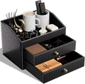 LADSTAG Office Supplies,Black Vegan Leather Office Organization with 2 Drawers & Tray,Glasses Holder with Gold-Tone Metal Accents Knob for End Tables,Bedside Table,Bedroom