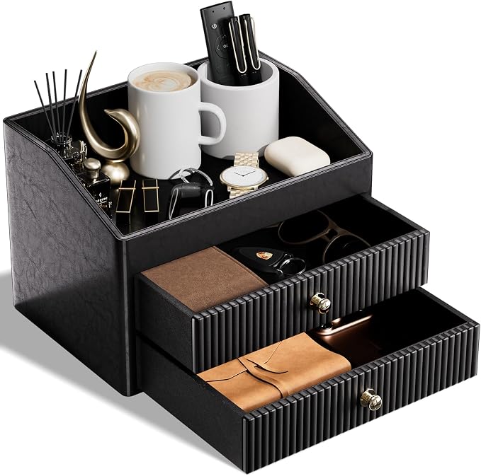 LADSTAG Office Supplies,Black Vegan Leather Office Organization with 2 Drawers & Tray,Glasses Holder with Gold-Tone Metal Accents Knob for End Tables,Bedside Table,Bedroom