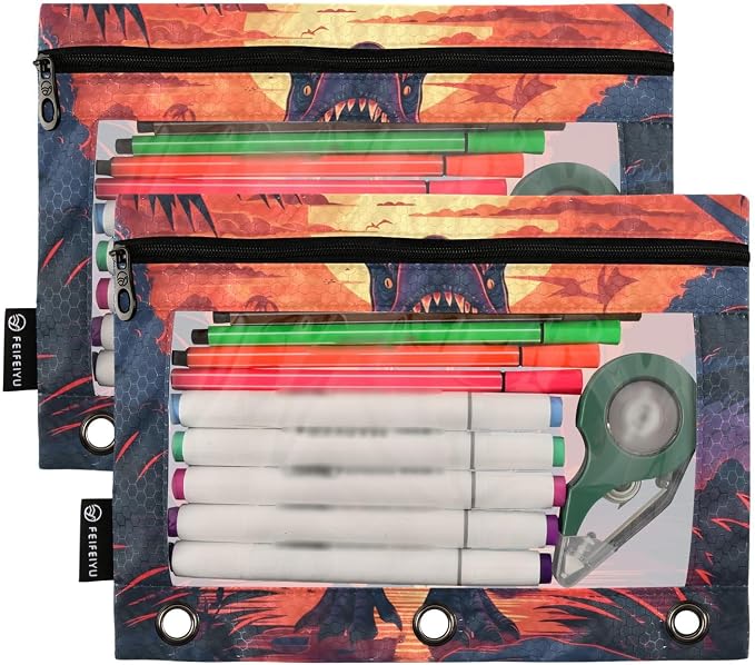 Dinosaur Pencil Pouch for 3 Ring Binder, 2 Pack Waterproof Pencil Bags Clear Window Zipper School Office Supplies