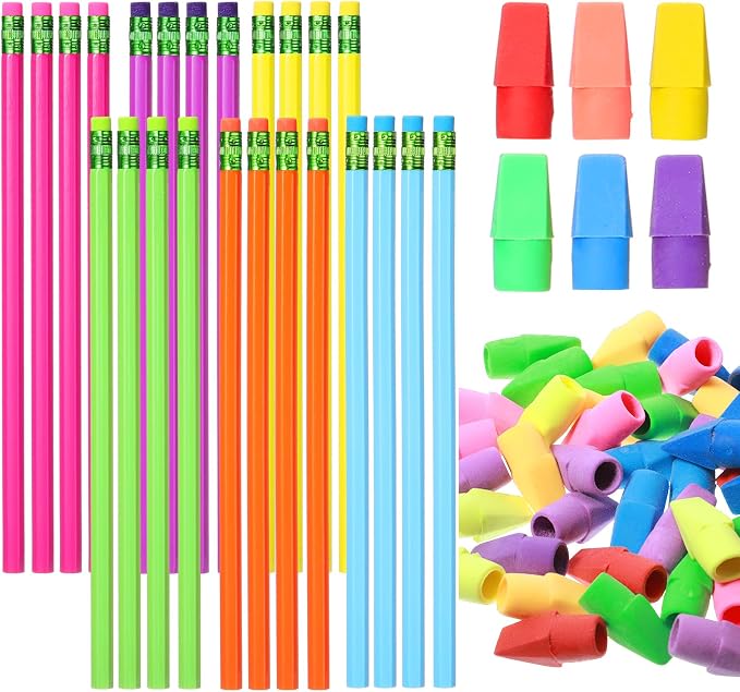 Gersoniel 24 Pack Rainbow No. 2 Pencils, HB Wooden Bulk with 48 Eraser Caps