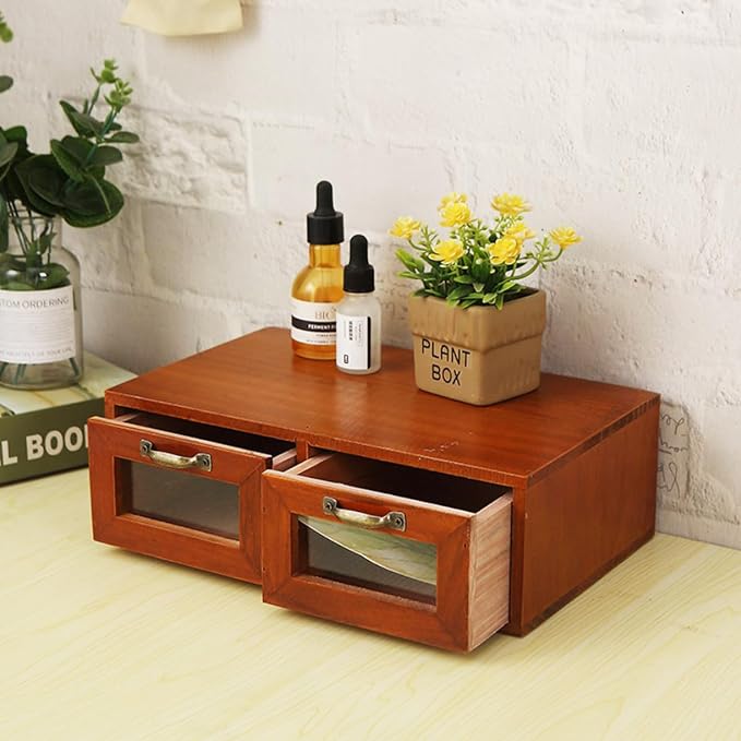 2-Drawer Desk Organizer Tabletop Storage Organization Box | Vintage Metal Label Drawer Pulls Office Supplies Storage Desk Accessories