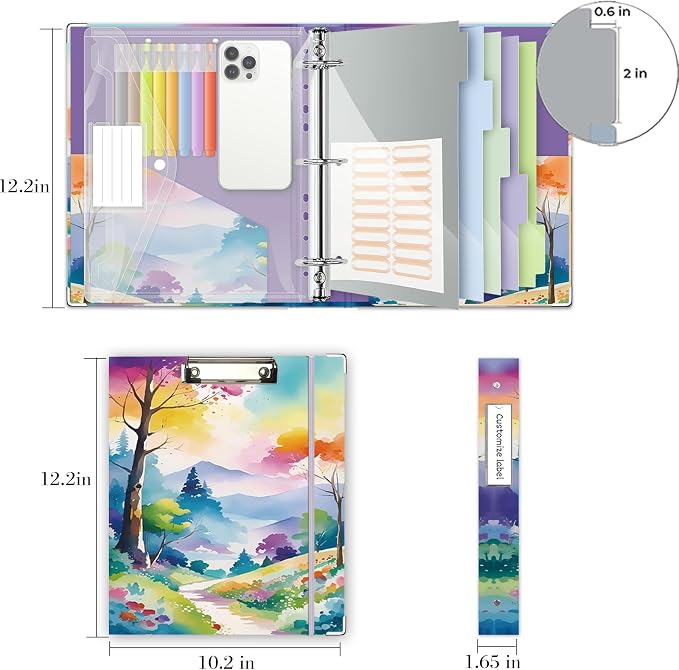3 Ring 1 Inch Binder Organizer, BVSSX Three Ring Binders with Clipboard, 5-Tabs Pockets Dividers, Plastic Folder, 18 Divider Stikers,Pen Loop (Rainbow Trail, Letter Size)